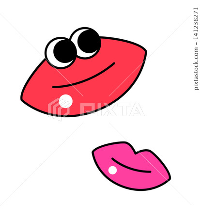 Two cartoon lips are displayed on a white background. One lip is red and the other is pink. Both have large eyes and smiling expressions. They seem to interact playfully. Two cartoon lips are displayed on a white background. One lip is red and the other is pink. Both have large eyes and smiling expressions. They seem to interact playfully. 141238271