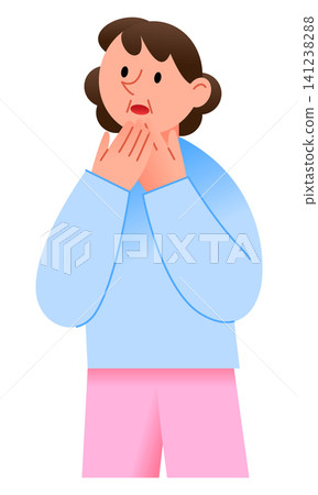 A woman stands with her hands on her face, showing surprise. She is wearing a blue sweater and pink pants. The style is simple and cartoon-like. A woman stands with her hands on her face, showing surprise. She is wearing a blue sweater and pink pants. The style is simple and cartoon-like. 141238288