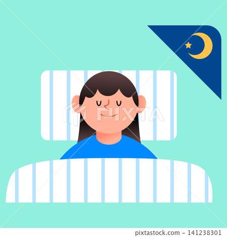 A person rests in bed with a smile. They are under a soft blanket. The setting shows a calm night at home with a soft blue background. A person rests in bed with a smile. They are under a soft blanket. The setting shows a calm night at home with a soft blue background. 141238301