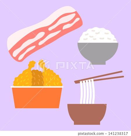 Food items are shown including a bowl of rice, a bowl of noodles with chopsticks, fried chicken, and slices of bacon. The background is purple. Food items are shown including a bowl of rice, a bowl of noodles with chopsticks, fried chicken, and slices of bacon. The background is purple. 141238317