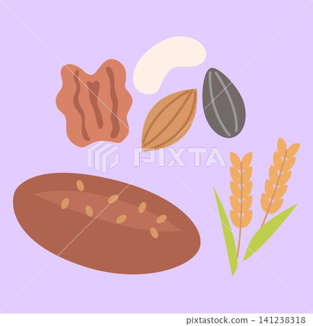 Various nuts and seeds are placed on a light purple surface. There are different shapes and colors of seeds alongside a loaf of bread and some wheat. Various nuts and seeds are placed on a light purple surface. There are different shapes and colors of seeds alongside a loaf of bread and some wheat. 141238318