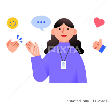 A person with dark hair waves and smiles while holding a badge. They are surrounded by icons showing positive emotions and gestures. This scene conveys a welcoming and friendly atmosphere. A person with dark hair waves and smiles while holding a badge. They are surrounded by icons showing positive emotions and gestures. This scene conveys a welcoming and friendly atmosphere. 141238319