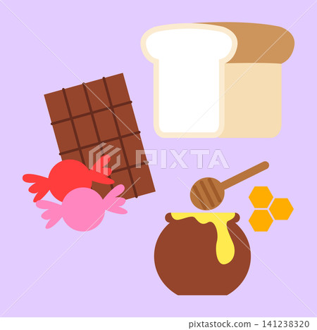 Bread is placed next to chocolate blocks, colorful candies, and a jar of honey with honeycombs on a purple background. This shows various sweet foods. 141238320