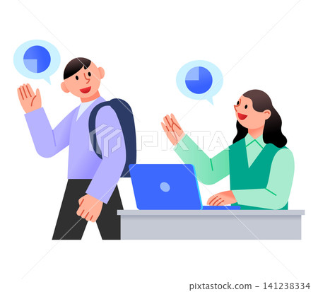A man waves hello to a woman who is sitting at a desk in an office. They are having a conversation. The man carries a backpack. The woman is smiling and engaged. 141238334