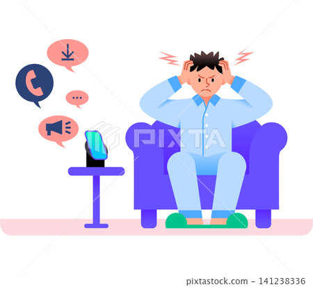 A person sits in a blue chair with a distressed expression. They hold their head due to the loud notifications and calls from their phone nearby. A person sits in a blue chair with a distressed expression. They hold their head due to the loud notifications and calls from their phone nearby. 141238336