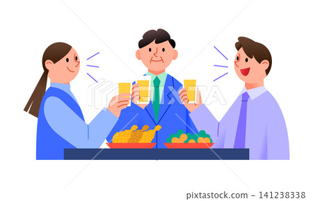 Three people enjoy a gathering together. They hold drinks and toast each other while sitting at a table with food. Laughter fills the scene as they celebrate. Three people enjoy a gathering together. They hold drinks and toast each other while sitting at a table with food. Laughter fills the scene as they celebrate. 141238338