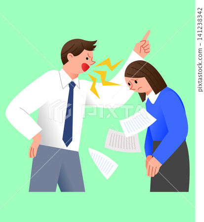 A man with brown hair is yelling at a woman in an office. The woman appears upset and holds several papers. This scene shows a conflict at work. A man with brown hair is yelling at a woman in an office. The woman appears upset and holds several papers. This scene shows a conflict at work. 141238342