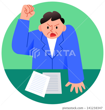 A person is expressing anger by raising their fist while leaning over a table. Papers are seen in front of them, indicating a serious talk is happening. A person is expressing anger by raising their fist while leaning over a table. Papers are seen in front of them, indicating a serious talk is happening. 141238347