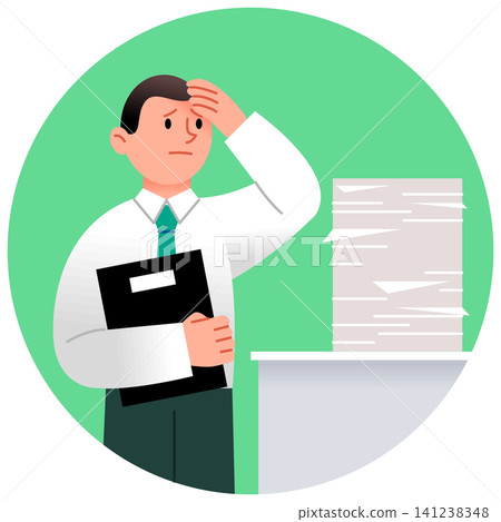A person stands in an office with a worried expression while holding a folder. Papers are piled on a table nearby. It looks like work tasks are overwhelming. 141238348