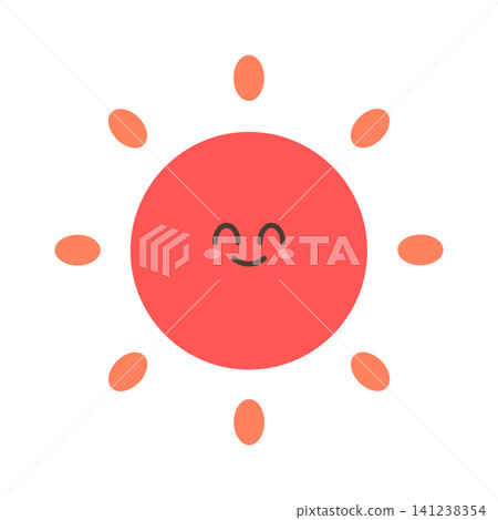 A round sun with a smiling face and facial features sits in the center. The sun has rays surrounding it that are orange. The background is plain and simple. A round sun with a smiling face and facial features sits in the center. The sun has rays surrounding it that are orange. The background is plain and simple. 141238354