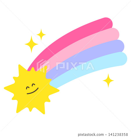A bright yellow sun with a smiling face is next to a rainbow of pink and blue stripes. Small stars are around the sun. This scene is colorful and cheerful. A bright yellow sun with a smiling face is next to a rainbow of pink and blue stripes. Small stars are around the sun. This scene is colorful and cheerful. 141238358