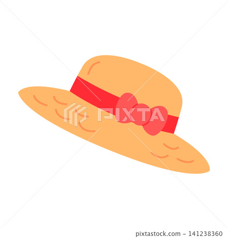 A straw hat with a red ribbon and bow sits on a flat surface. The hat has a wide brim and a light color. The setting shows no other objects or people around. A straw hat with a red ribbon and bow sits on a flat surface. The hat has a wide brim and a light color. The setting shows no other objects or people around. 141238360
