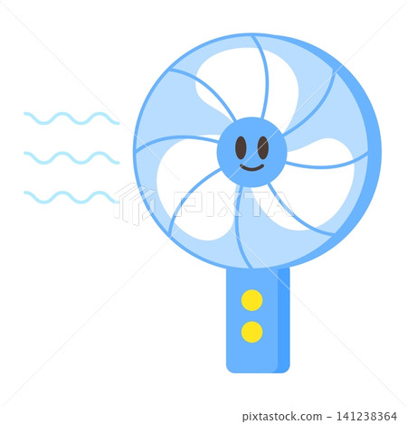 A fan sits on a table, blowing air in a warm room. Its blue design and smiling face add a fun element to the space. This brings comfort on a hot day. A fan sits on a table, blowing air in a warm room. Its blue design and smiling face add a fun element to the space. This brings comfort on a hot day. 141238364