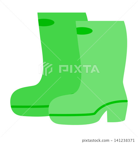Two green rubber boots are placed on a white background. They are suitable for gardening, walking in the rain, and playing in puddles. Their sturdy design helps keep feet dry. 141238371