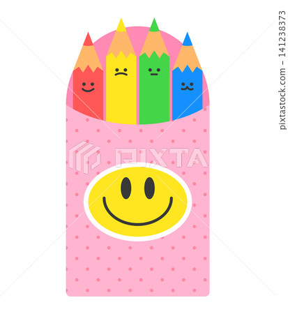 Brightly colored crayons with smiley faces sit in a pink box. They are arranged neatly, showcasing their playful designs. Brightly colored crayons with smiley faces sit in a pink box. They are arranged neatly, showcasing their playful designs. 141238373