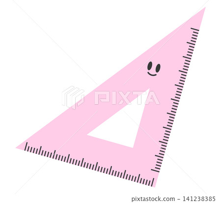 A pink triangular ruler is placed against a white background. The ruler has a smiley face, which adds a fun element. Measurement lines can be seen along the edges. 141238385