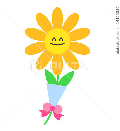 A yellow flower with a happy face has green leaves and is held in a blue cone tied with a pink bow. It stands out against a plain background. A yellow flower with a happy face has green leaves and is held in a blue cone tied with a pink bow. It stands out against a plain background. 141238394