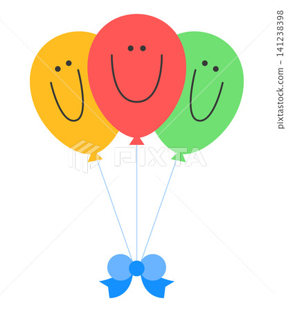 Three colorful balloons with smiling faces are tied together with a blue bow. They are brightening the scene with their cheerful presence. Three colorful balloons with smiling faces are tied together with a blue bow. They are brightening the scene with their cheerful presence. 141238398