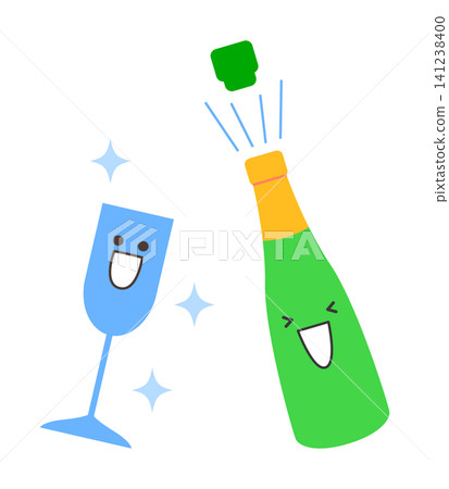 Two animated characters show a champagne bottle and a glass during a celebration. The bottle has a cork popping and cheerful expressions. Sparkles surround them. Two animated characters show a champagne bottle and a glass during a celebration. The bottle has a cork popping and cheerful expressions. Sparkles surround them. 141238400