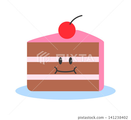 A cartoon cake has layers of brown and pink with a smiling face. It has a cherry on top and rests on a blue plate. This design is bright and fun. A cartoon cake has layers of brown and pink with a smiling face. It has a cherry on top and rests on a blue plate. This design is bright and fun. 141238402