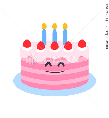 A round cake with pink layers has white frosting, red decoration, and four blue candles. The cake has a smiling face. It is placed on a blue plate on a table. A round cake with pink layers has white frosting, red decoration, and four blue candles. The cake has a smiling face. It is placed on a blue plate on a table. 141238403
