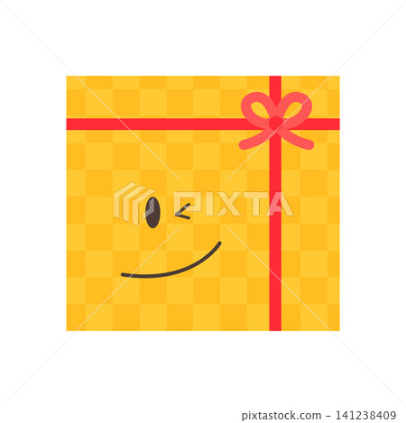 A square gift box with a smiling face and a red ribbon is placed on a white background. The box is yellow with a checkered pattern, showing a playful design. A square gift box with a smiling face and a red ribbon is placed on a white background. The box is yellow with a checkered pattern, showing a playful design. 141238409