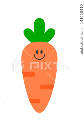 A carrot is smiling with a happy face and green leaves on top. The design is bright and simple, making it fun for kids. This carrot can be used in educational materials. A carrot is smiling with a happy face and green leaves on top. The design is bright and simple, making it fun for kids. This carrot can be used in educational materials. 141238410