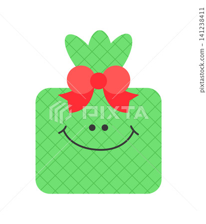 A green gift box features a smiley face and a red bow on top. The box has a textured pattern and is set against a plain white background, making it visually appealing and fun. 141238411