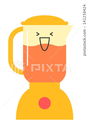 A blender sits on a counter with a smiling face and a bright orange drink inside. The blender is yellow and has a red button. It gives a cheerful look in a playful kitchen setting. A blender sits on a counter with a smiling face and a bright orange drink inside. The blender is yellow and has a red button. It gives a cheerful look in a playful kitchen setting. 141238424