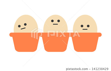 Three eggs sit in an orange egg carton. Each egg has a simple face with a straight expression. The scene shows a playful design that draws attention. 141238429