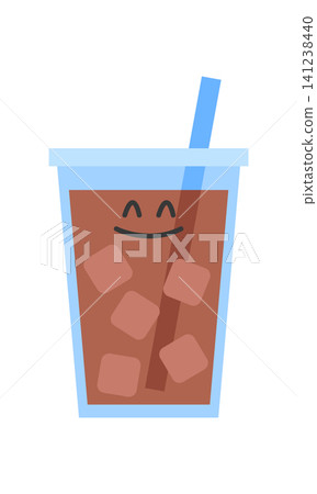 A cup uses a blue straw and contains a brown drink filled with ice cubes. A smiley face is drawn on the cup. The drink looks inviting and fun. A cup uses a blue straw and contains a brown drink filled with ice cubes. A smiley face is drawn on the cup. The drink looks inviting and fun. 141238440