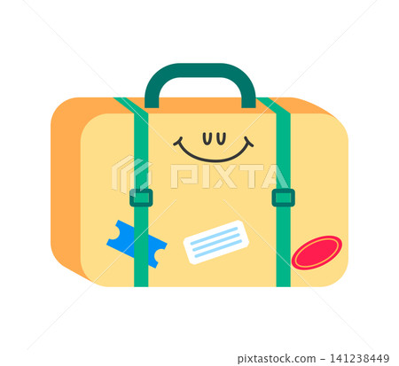 A yellow suitcase with green straps sits in a bright space. It has stickers and a smile drawn on it. This suitcase waits for someone to take it on a trip this summer. A yellow suitcase with green straps sits in a bright space. It has stickers and a smile drawn on it. This suitcase waits for someone to take it on a trip this summer. 141238449