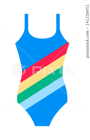A swimsuit features blue as the main color with stripes in red, yellow, green, and light blue. It is designed for wearing during swimming or beach activities on warm days. A swimsuit features blue as the main color with stripes in red, yellow, green, and light blue. It is designed for wearing during swimming or beach activities on warm days. 141238451