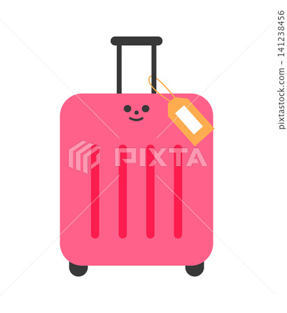 A pink suitcase with a smile is on display. It has a name tag attached and sits on a flat surface. This suitcase represents travel and adventure. A pink suitcase with a smile is on display. It has a name tag attached and sits on a flat surface. This suitcase represents travel and adventure. 141238456