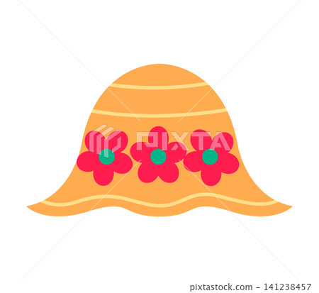A yellow hat sits on a white background. The hat has three red flowers on the front. It looks suitable for summer use. The design is simple and colorful. 141238457