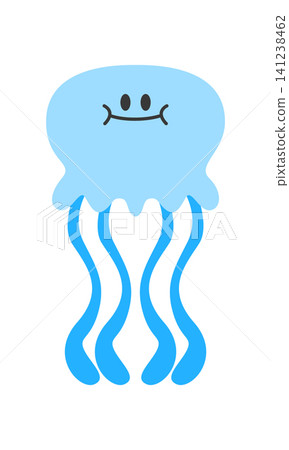 A blue jellyfish with a smile floats in water. The jellyfish has long, wavy tentacles beneath it. The background is plain and light, featuring no other details. A blue jellyfish with a smile floats in water. The jellyfish has long, wavy tentacles beneath it. The background is plain and light, featuring no other details. 141238462