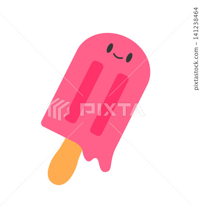 A cartoon popsicle is shown with a happy face and bright pink color. It has two red stripes and a wooden stick. The background is plain white. This design is playful and colorful. A cartoon popsicle is shown with a happy face and bright pink color. It has two red stripes and a wooden stick. The background is plain white. This design is playful and colorful. 141238464