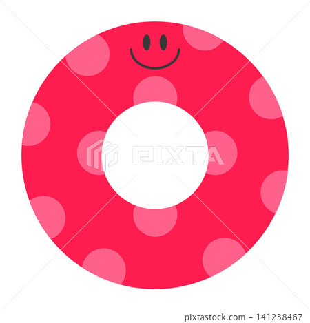 A round red object with pink polka dots and a smiling face is centered on a white background. The shape resembles a donut and looks fun and inviting. A round red object with pink polka dots and a smiling face is centered on a white background. The shape resembles a donut and looks fun and inviting. 141238467