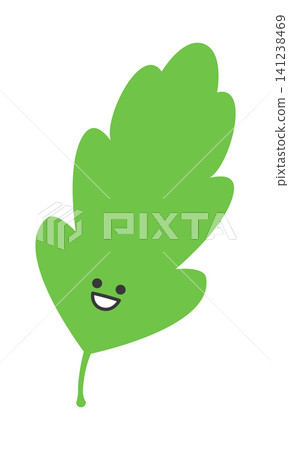 A green leaf shows a smiling face in a playful style. The design is bright and cheerful, inviting a sense of joy. This leaf character stands out against a plain background, creating a fun visual. A green leaf shows a smiling face in a playful style. The design is bright and cheerful, inviting a sense of joy. This leaf character stands out against a plain background, creating a fun visual. 141238469