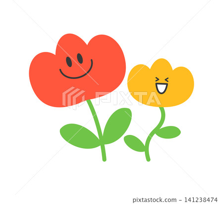 Two colorful flowers with smiling faces grow side by side. One flower is red and the other is yellow. Both have green leaves. The flowers seem happy and cheerful in their design. Two colorful flowers with smiling faces grow side by side. One flower is red and the other is yellow. Both have green leaves. The flowers seem happy and cheerful in their design. 141238474