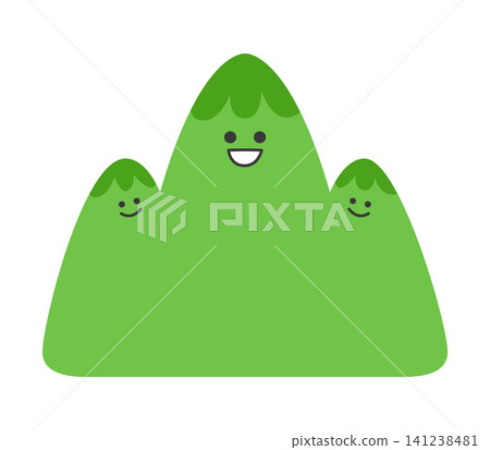 Three green mountains stand side by side. The tallest mountain has a big smile, while the smaller ones have friendly faces. The scene is simple and bright. Three green mountains stand side by side. The tallest mountain has a big smile, while the smaller ones have friendly faces. The scene is simple and bright. 141238481