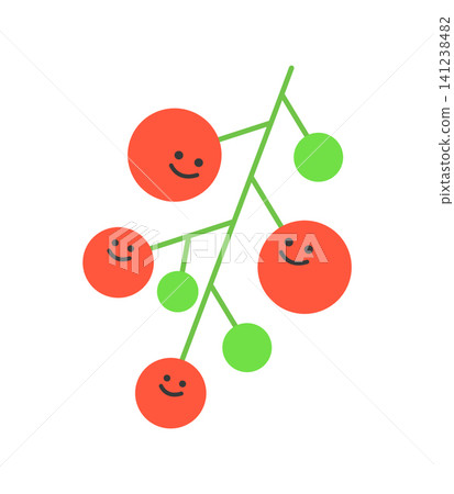 A branch displays several red and green fruits with smiling faces. The design is cheerful and playful, showing a mix of round shapes and vibrant colors. A branch displays several red and green fruits with smiling faces. The design is cheerful and playful, showing a mix of round shapes and vibrant colors. 141238482