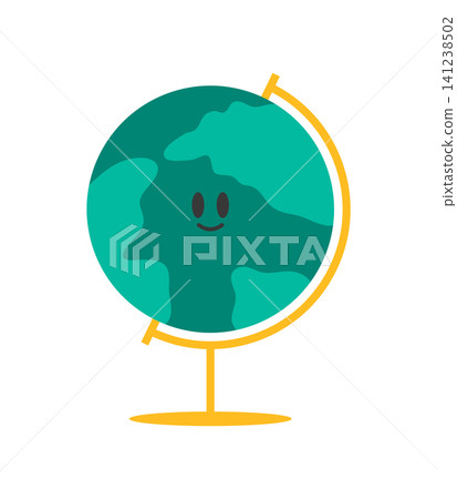 A globe sits on a yellow stand with a smile drawn on it. The globe shows the layout of land and water. It is a fun and simple representation of Earth. A globe sits on a yellow stand with a smile drawn on it. The globe shows the layout of land and water. It is a fun and simple representation of Earth. 141238502