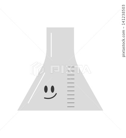 A cartoon flask with a smiling face sits in a simple white background. The flask features measurement lines and a cheerful expression. 141238503