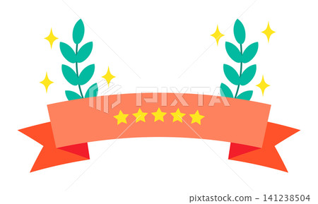 A banner shows a five-star rating in the center. Green leaves are on both sides. The design includes sparkles. This is a festive representation of achievement and recognition. A banner shows a five-star rating in the center. Green leaves are on both sides. The design includes sparkles. This is a festive representation of achievement and recognition. 141238504
