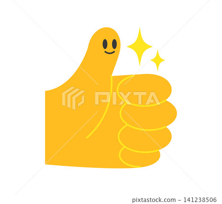 A yellow hand shows a thumbs up gesture. The hand has a smiling face and sparkles around it. This represents approval or positive feedback. 141238506