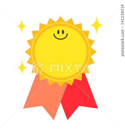 A bright yellow award ribbon shows a smiley face in the center. It has red ribbons attached at the bottom. Sparkling details surround the ribbon. This design is suitable for highlighting success. A bright yellow award ribbon shows a smiley face in the center. It has red ribbons attached at the bottom. Sparkling details surround the ribbon. This design is suitable for highlighting success. 141238514