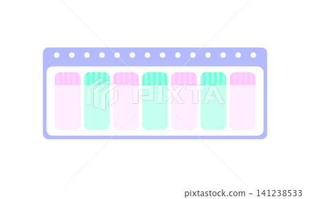 Test tubes in shades of pink and green are placed on a laboratory rack. They are arranged neatly for a science experiment in a classroom. Items are organized for easy access. Test tubes in shades of pink and green are placed on a laboratory rack. They are arranged neatly for a science experiment in a classroom. Items are organized for easy access. 141238533