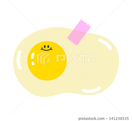 A cartoon egg is shown with a smiling yellow yolk and a piece of pink tape attached to the side. The background is plain white and there are no other items in the scene. 141238535