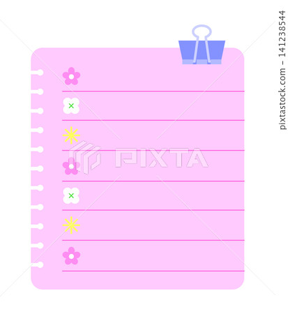A pink list pad with several lines is shown. Some lines have flowers and stars as decorative marks. The pad appears ready for writing notes or planning tasks. A pink list pad with several lines is shown. Some lines have flowers and stars as decorative marks. The pad appears ready for writing notes or planning tasks. 141238544